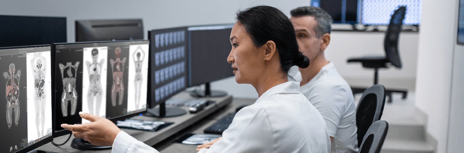 Two scientists are diagnosing HIV visually with "Hubble telescope" looking inside the human Body.