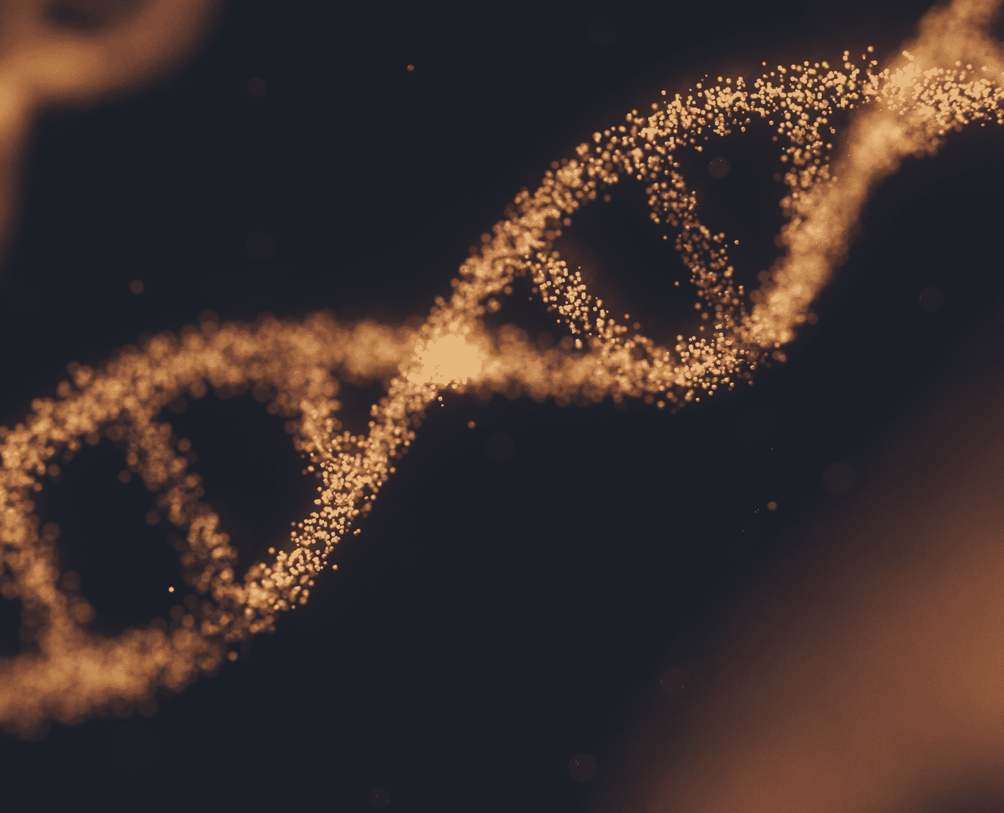 Golden DNA strand disintegrating on a black background